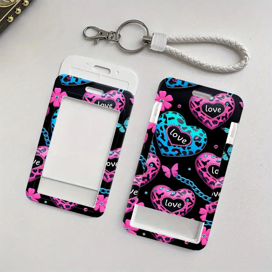 Rose Love Leopard Print Cover Case 1Pc Card Holder Retractable Credit Card Holders Holders Child Bus with lanyard Badge Bank ID