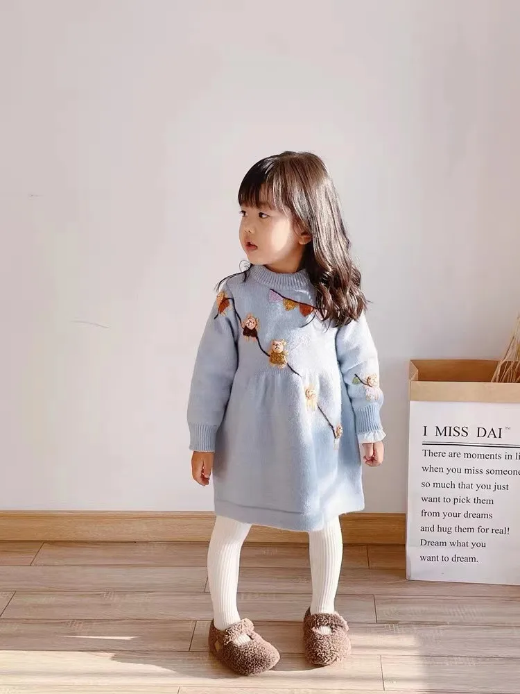 فستان الفتيات الخريف/الشتاء الأطفال هوديي محبوك سترة مطرزة أنيق فستان السنة الجديدة فستان الأميرة