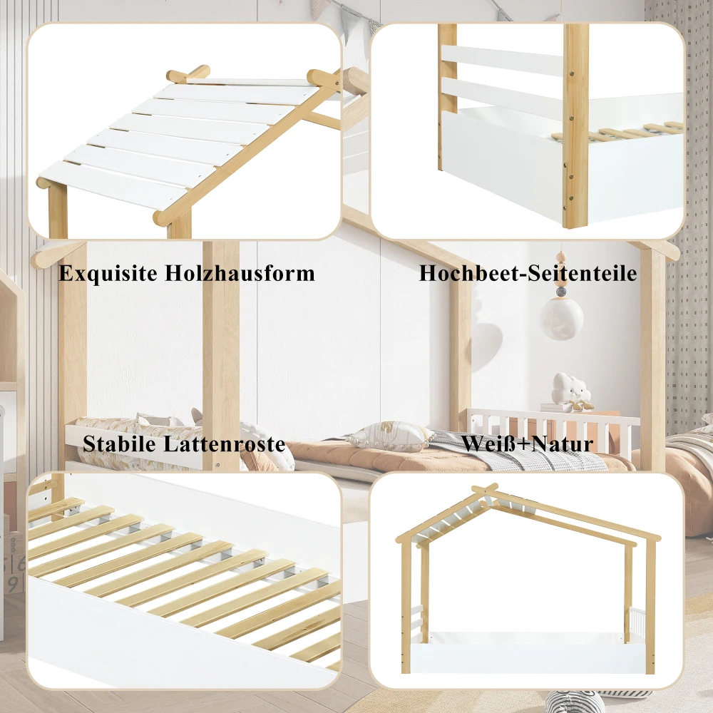 PINGGO Weißes Naturholz-Einzelbett 90x200cm Hausdesign Lattenrost Kiefer+Spanplatte+MDF Ohne Matratze – Detail 10