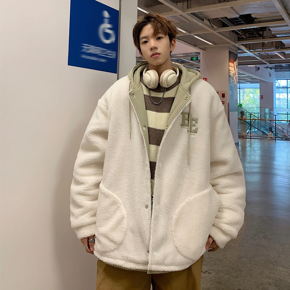 

Lamb Velvet Jacket Men's Winter Thickened Warm Cotton Coat American Retro Loose Hooded Cotton Clothes Youth Casual Fashion