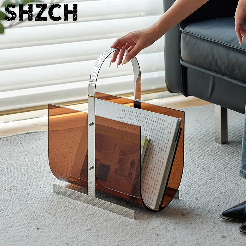 French Style Acrylic Magazine Rack Portable Floor Stand for Books & Newspapers Open Storage Organizer for Living Room Office