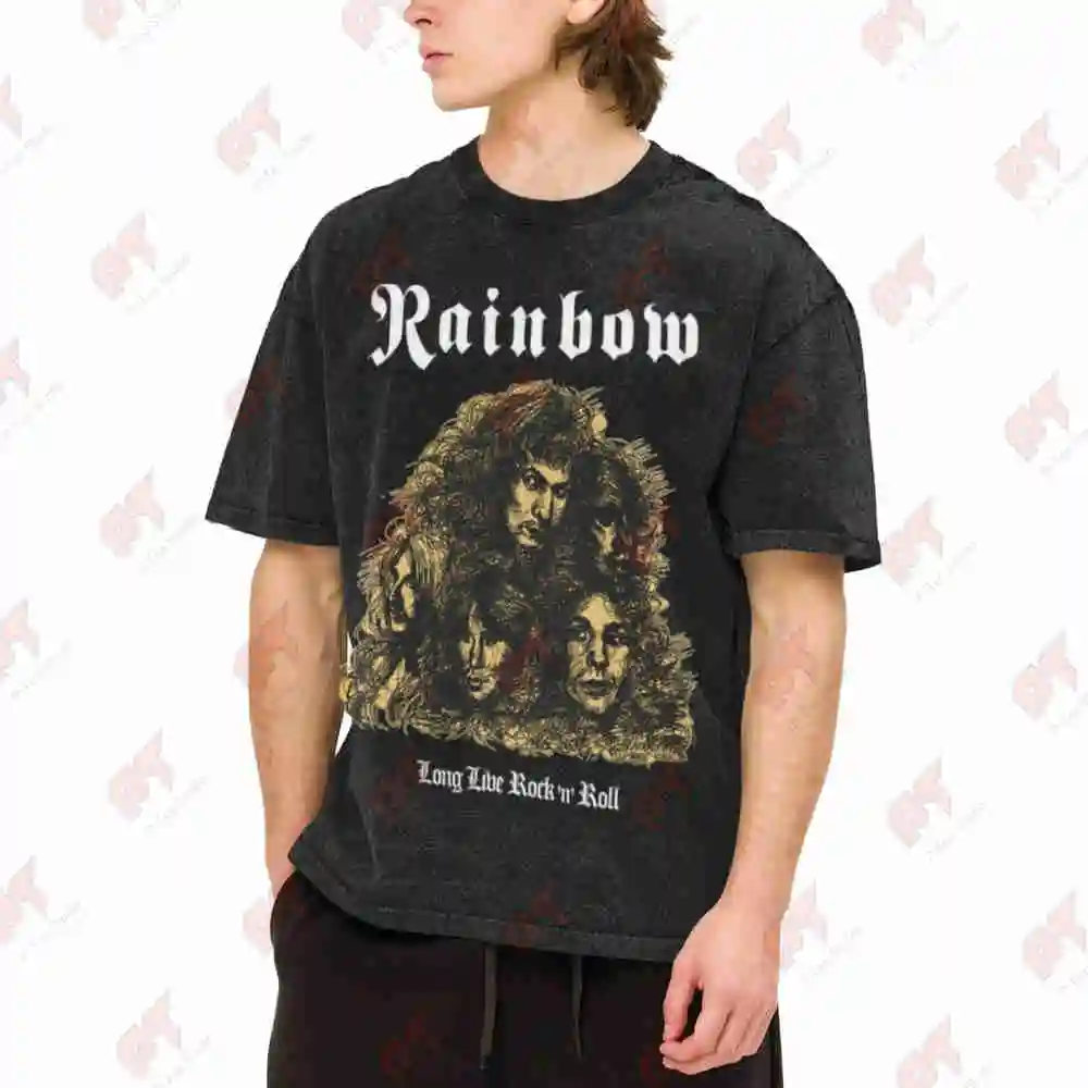 Rainbow Band Logo Dio Gillan Blackmore Long Live Rock N Roll Vintage Washed Tee Pure Cotton T-Shirt