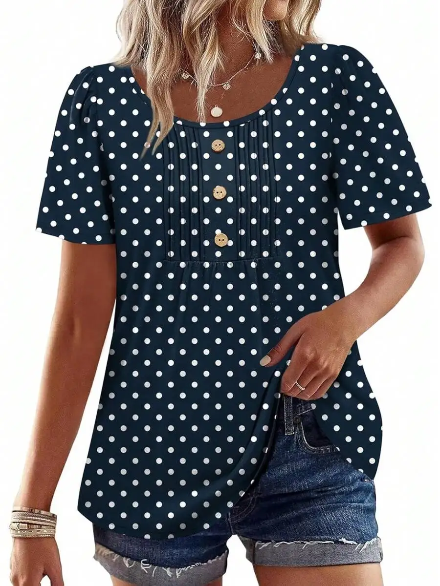 Womens Casual Short Sleeve Top With Snowflake Print Front Button Pleated Design