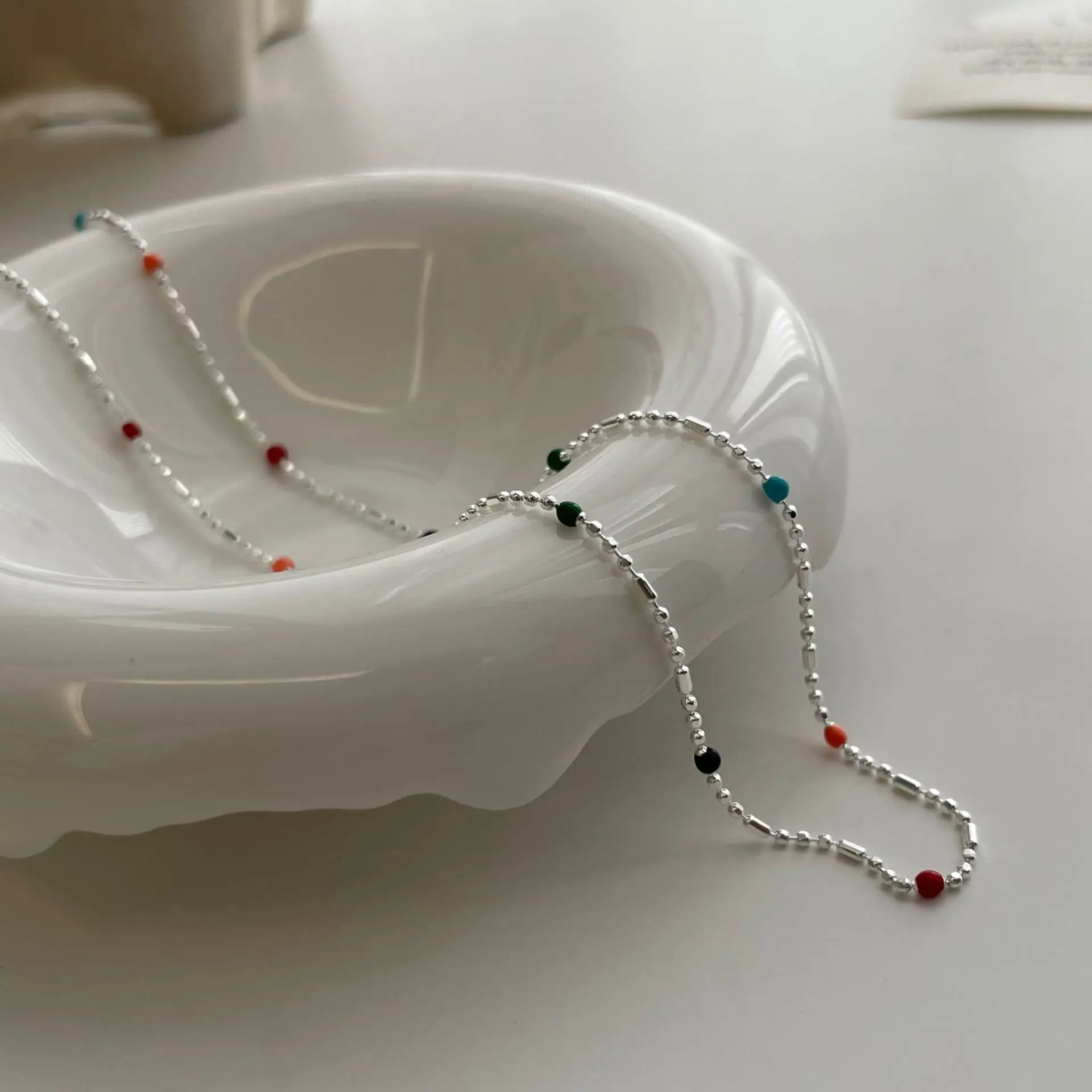 

s925 sterling silver rainbow bead necklace, colorful dopamine layered round bead ins-style fine collarbone chain