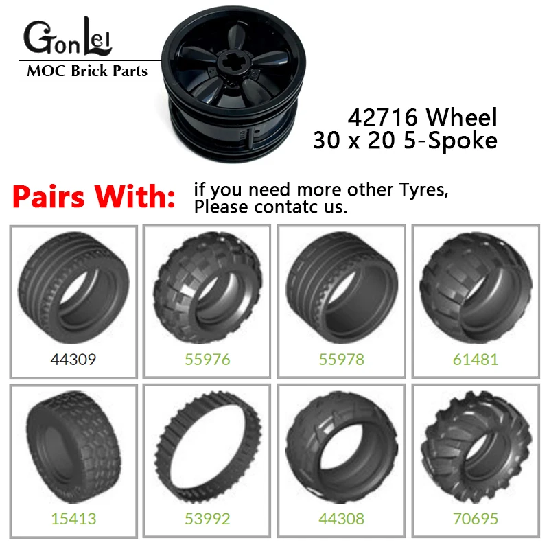 4Pcs/lot Technical Wheels & Tyres Parts 42716 Wheel 30x20 5-Spoke Compatible Tyre 44309 55976 15413 fit 10295 Cars Model Toys