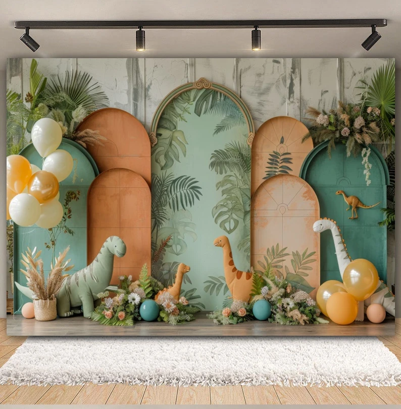 Latar Belakang Fotografi Tema Dinosaurus Hutan Tropis Balon Satwa Liar Pesta Ulang Tahun Bayi Latar Belakang Foto Potret Smash Kue