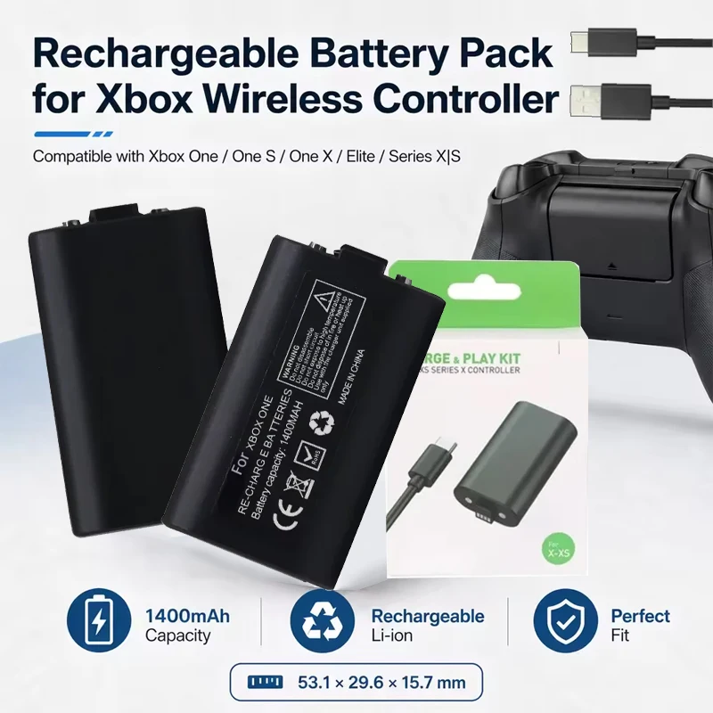 1400mAh Replacement Battery + USB-C Charging Cable for Xbox One X S Play Elite Series 1 Controller Wireless Gamepad Game Console