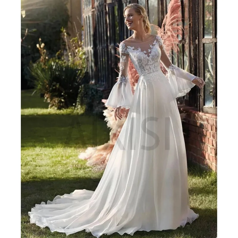 

Wedding Dress Scoop Neck Full Flare Sleeve Open Back A-Line Bride Vestido Appliques Chiffon Elegant Robe de mariee