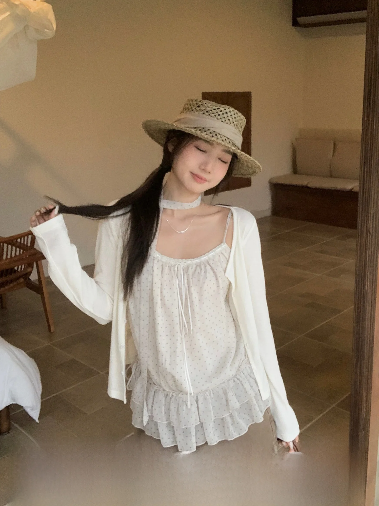 

Women's Chic Polka Dot off oulder Loose Cardigan Set High Waist Flounce Hem Versatile Layering Spring Faion Ensemble