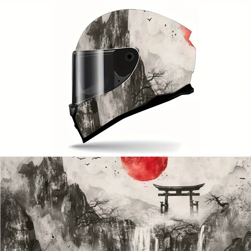 

Fantasy Japanese Shrine Flying Birds Red Sun PVC Motorcycle Helmet Vinyl Wrap, Self-Adhesive Waterproof Sticker, Anti-Scratch De