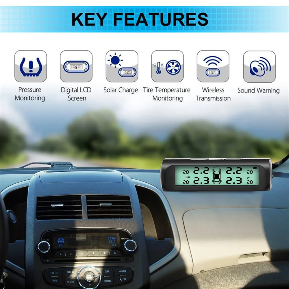 Intelligent Solar TPMS Car Tire Pressure Alarm Digital Display 4 External Sensors Waterproof Tire Pressure Temperature Warning