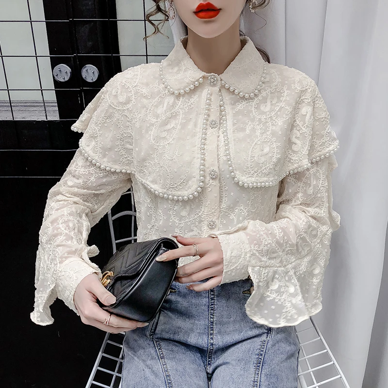 Autumn Fashion Women Chiffon Blouses Long Sleeve Beading Women Tops Casual lace Office Lady Women Clothing