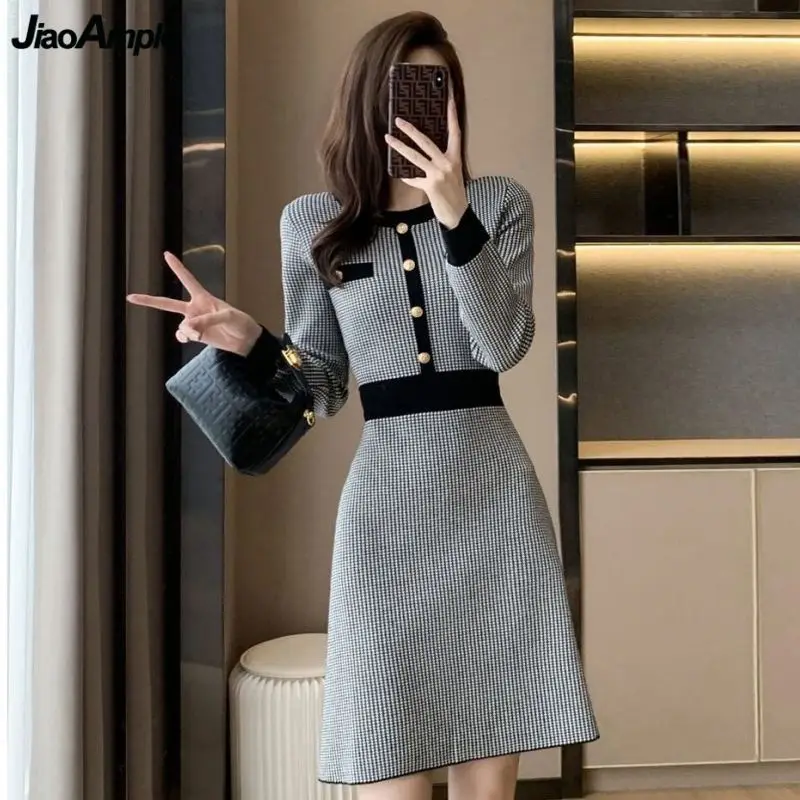 

Women's Autumn Winter Graceful Plaid Mini Knit Dress Lady Slim Patchwork Long Sweater Dresses 2024 New Elegant Knitwear Female