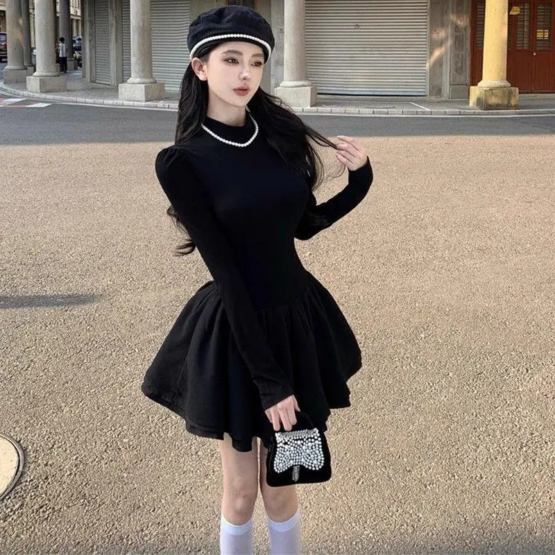 المرأة شيك الأزرق سترة فضفاضة نصف الياقة العالية البسيطة الكرة ثوب قطعتين مجموعة سيدة الخريف الشتاء متماسكة القمم فساتين سوداء وتتسابق