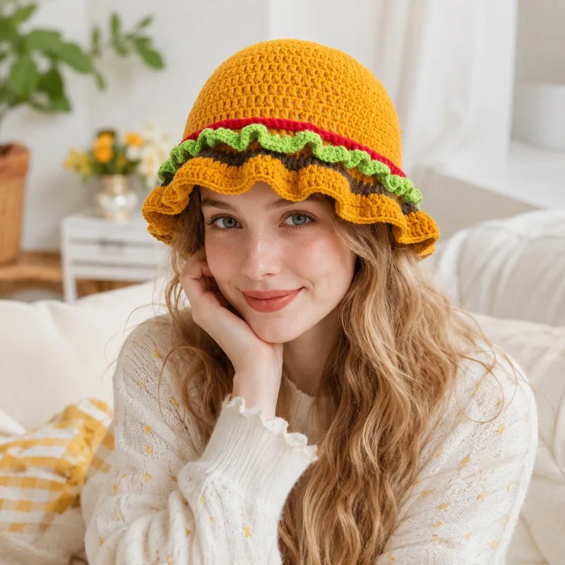 Cute Lace Knit Hat for Daily Use, Strawberry Frog Burger Shaped Woolen Hat, Essential for Keeping Warm in Autumn and Winter