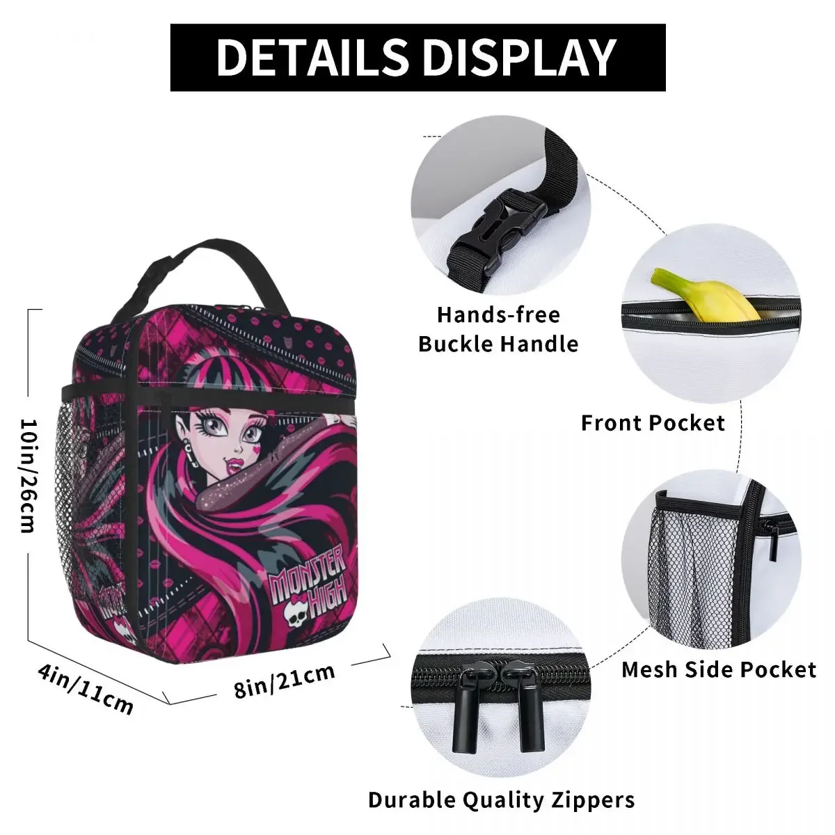 Gothic Vampire Draculaura Insulated Lunch Bags Thermal Bag Meal Container Monster High  Tote Lunch Box Men Women School Outdoor