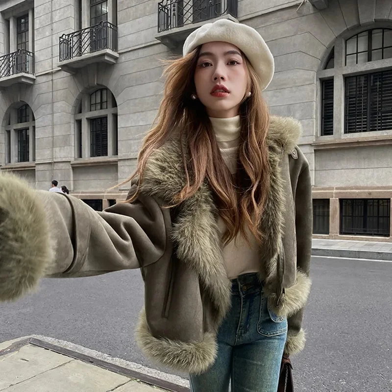 Winter Female Short Suede Tops Coat Korean Ladies Long Sleeves PU Leather Jacket Women Solid Color Loose Faux Leather Outwear