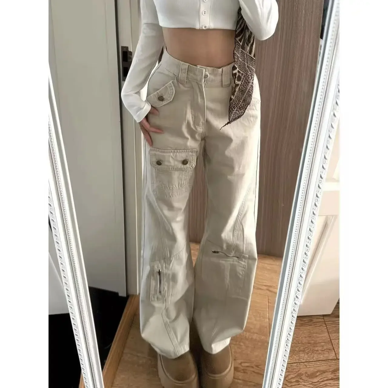 

NICE Loose High Waist Bell Bottom Denim Jeans Women's Spring New Style Multi Pocket Workwear American Hot Girl Jeans