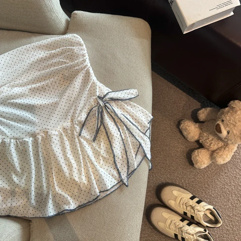 الكورية Y2K منقطة تنورة صغيرة المرأة Kawaii لطيف القوس ضمادة التنانير السوداء الصيف موضة طباعة تصميم ألف خط Faldas جديد #6