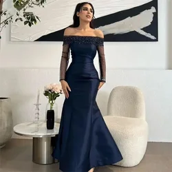 Flavinke Customized Navy Blue Satin Mermaid Evening Dresses Off The Shoulder Long Sleeves Party Gowns Formal Vestidos De Gala