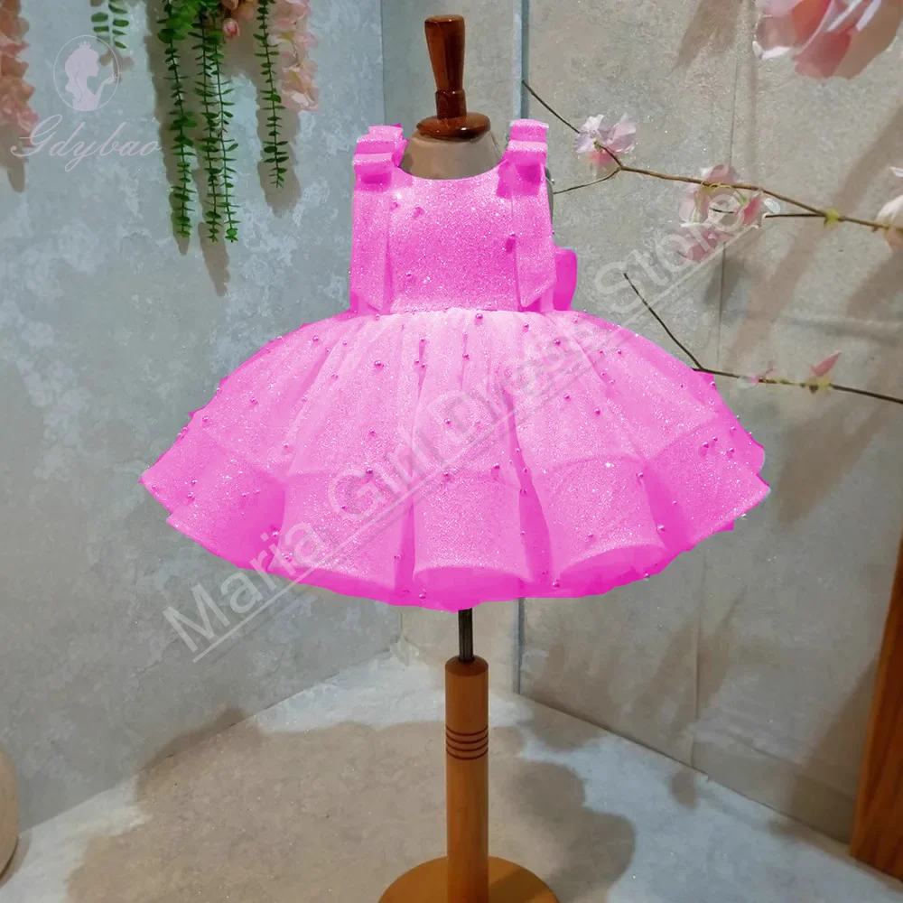 

Sweet Rose Wedding Party Dress Pearl Decorated Sleeveless Suspender Cute Skirt First Birthday Baptism Dress