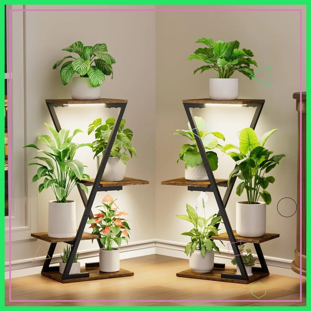 

Набор из 2 угловых полок для растений с лампами для выращивания, 32 дюйма в высоту, 6-ярусный Z-образный держатель-витрина для комнатных растений, декор для гостиной, черный