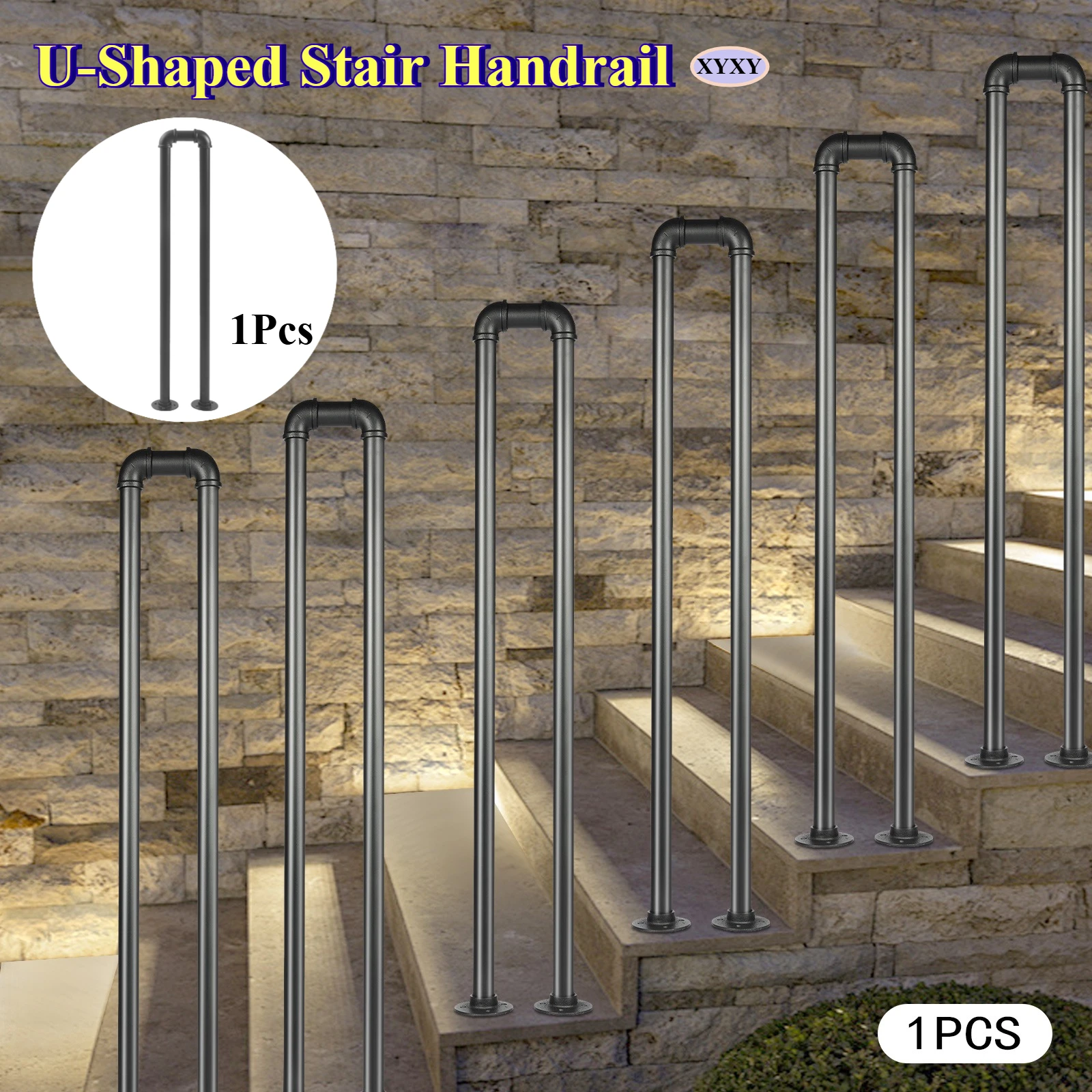 درابزين الدرج أسود غير لامع على شكل حرف U درابزين من الحديد المطاوع الصناعي غير قابل للانزلاق داخلي أو خارجي، منزل لفندق فيلا الحديقة العلوية #1