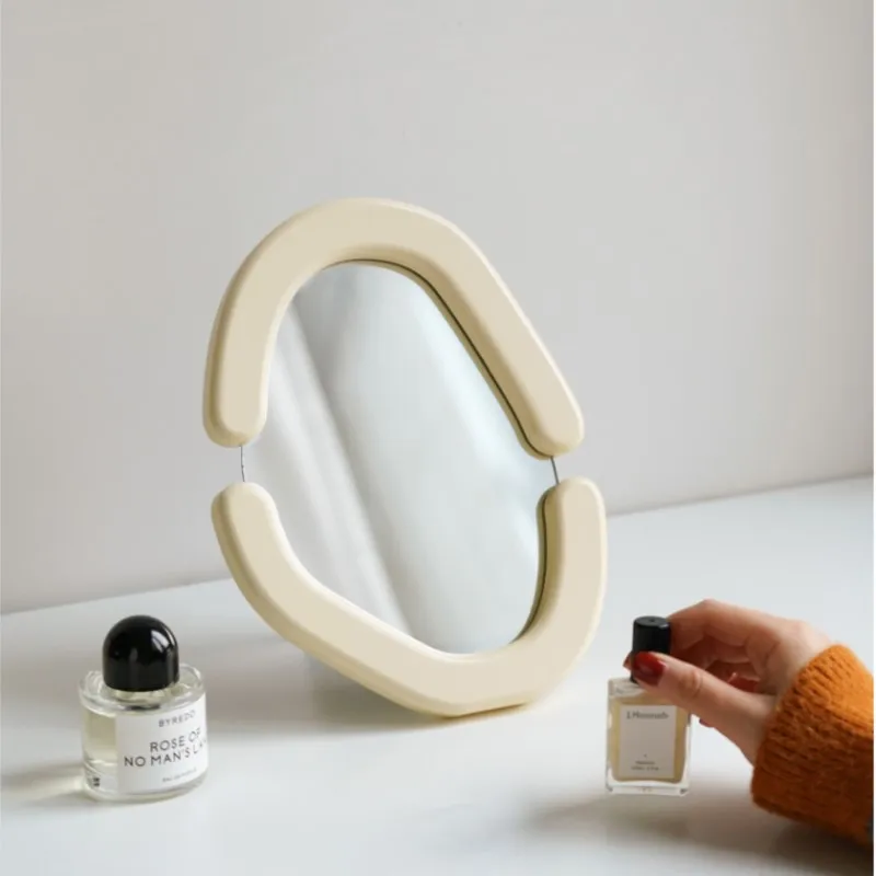 Retro Hand-Made Wooden Mirror Cream Rice Tabletop Ornaments Decorative Makeup Mirror Can be Wall Hanging Vanity Mirror