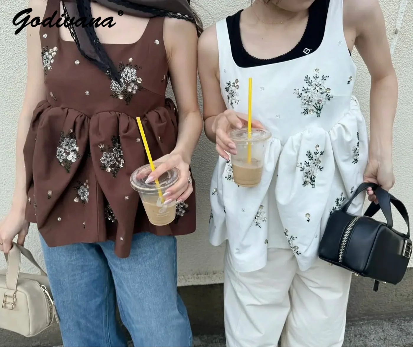 Japanese Style Luxury Beaded Sequins Embroidered Suspenders Women's Sweet Sleeveless Bud Top Tank Camis Shirts