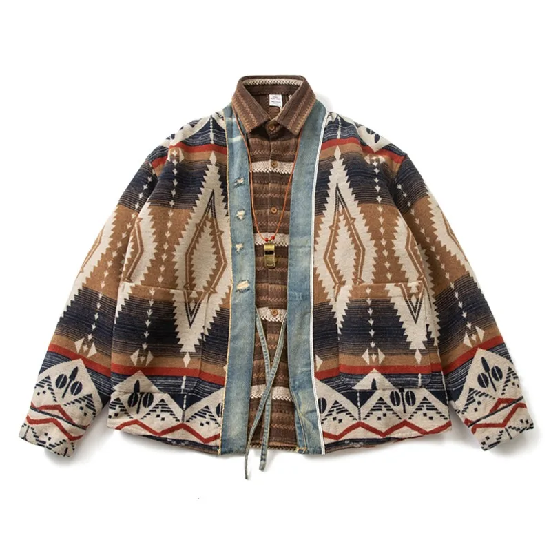 

Men's Japanese Retro Woolen Denim Jacket Personalized Ethnic Specialty Jacket Casual Printed Embroidery Jacket Coat