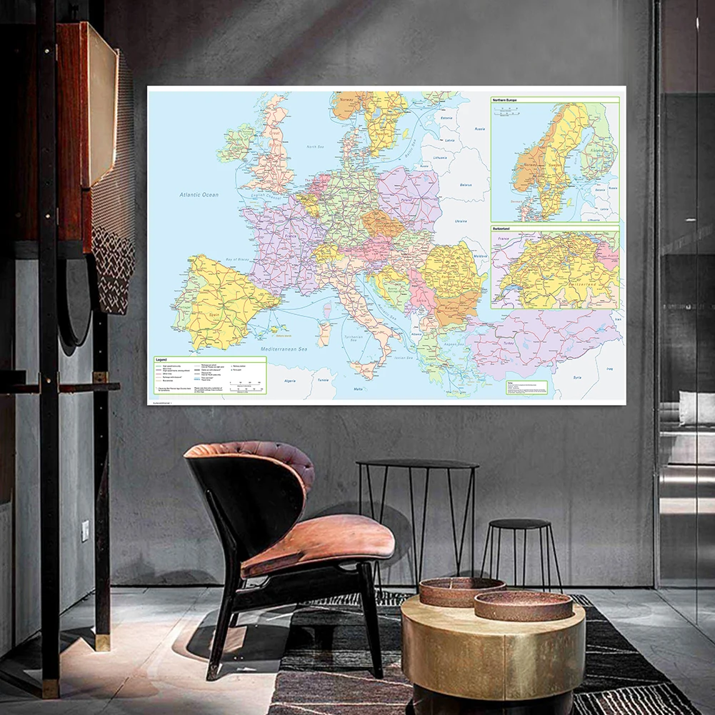 Imagem -03 - Pintura de Lona Não Tecida o Mapa da Europa Grande Cartaz de Arte Impressão sem Moldura Decoração Material Escolar 225x150cm