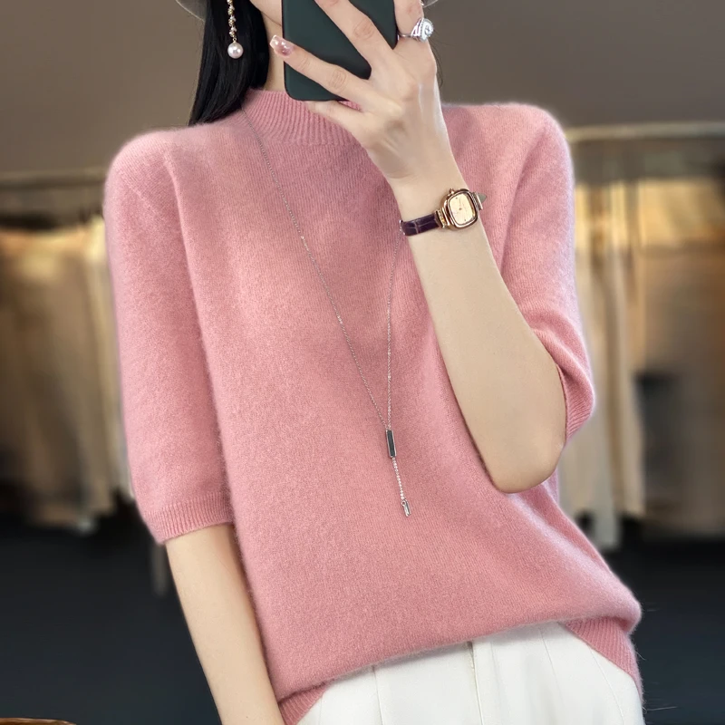 New Year's Shirt High Quality Spring and Autumn 100 Pure Sweater Half Sleeve Five-point Sleeve Half-high Collar Solid Color Bott