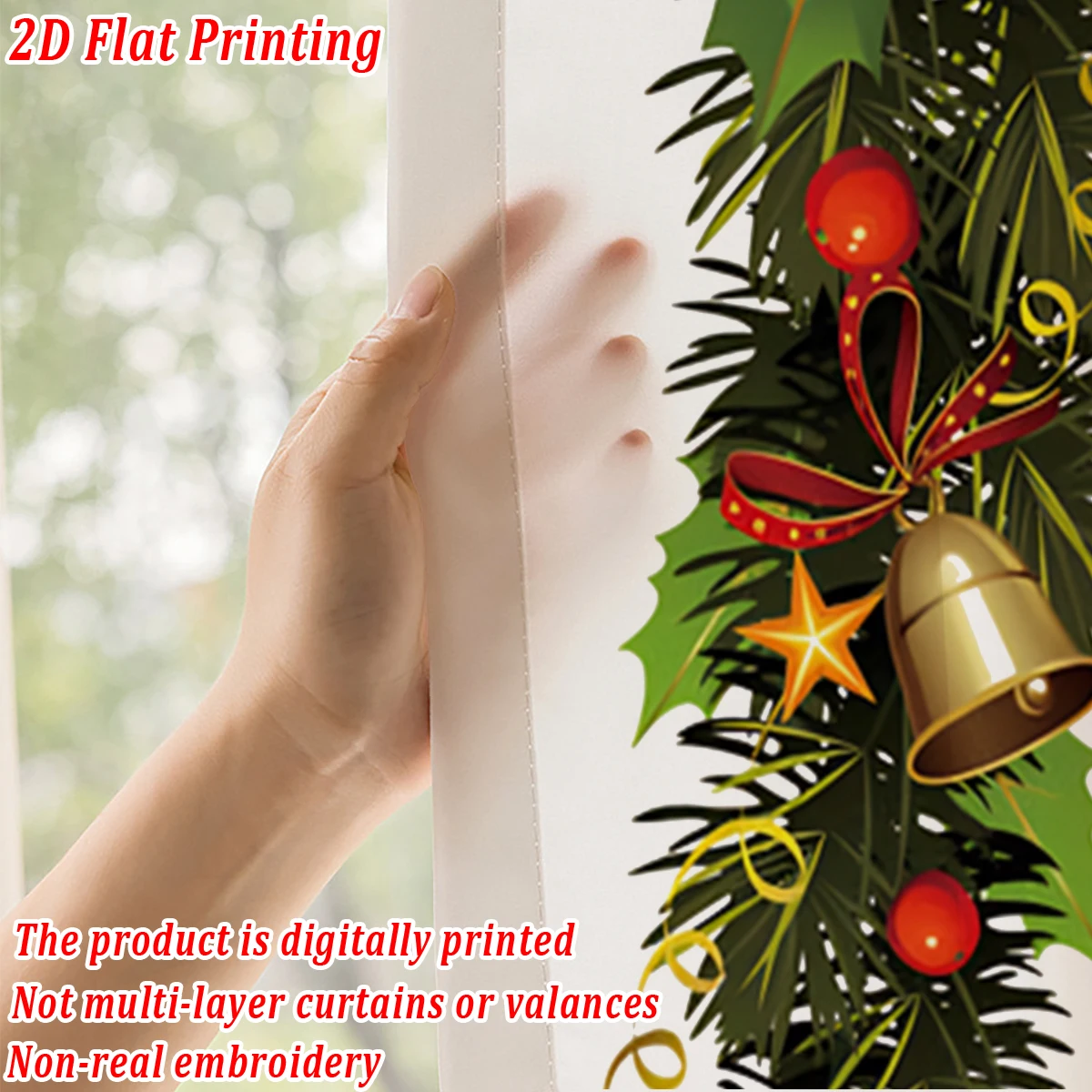 ستارة شفافة مطبوعة مسطحة لعيد الميلاد مع جرس فرع الصنوبر الهدال لعيد الميلاد لغرفة المعيشة وغرفة النوم وحفلات العطلات