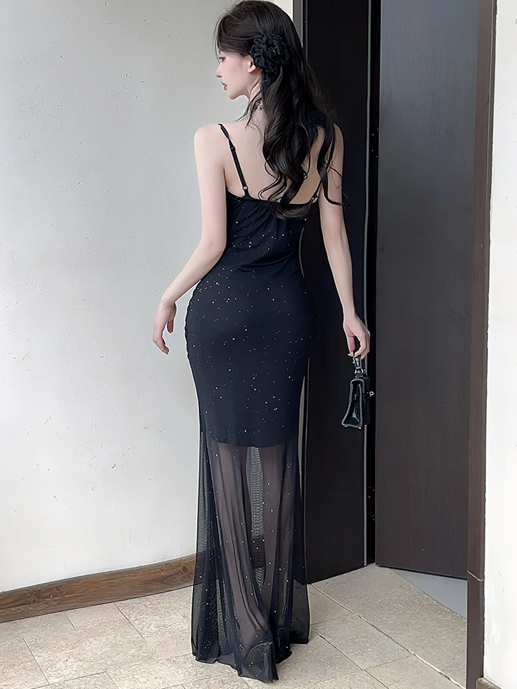 Zomer Rode Mesh Heldere Zijde Geplooide Bodycon Lange Jurk Vrouwen Elegante Luxe Sling Sexy Jurk 2025, Koreaanse Vintage Hepburn Jurken