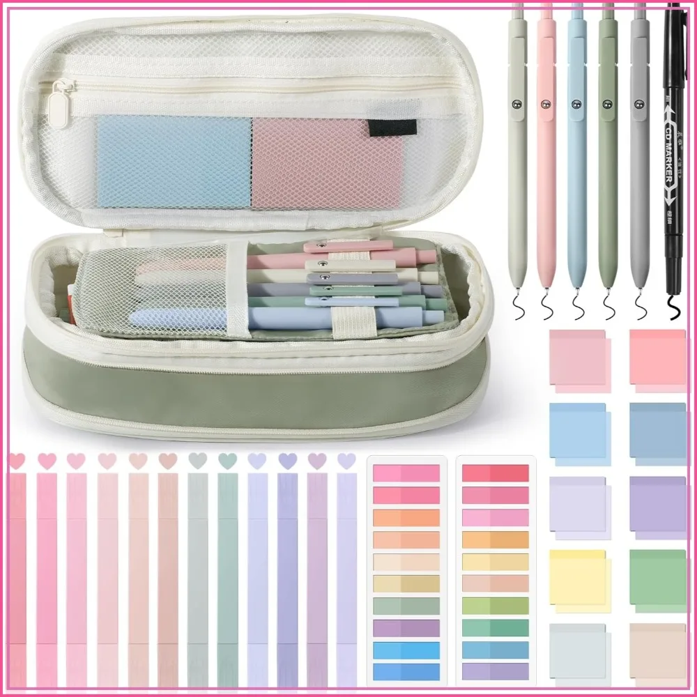 

49Pcs Book Annotation Kit - Aesthetic School Supplies with Cute Pen Case, Highlighters, Gel Pens, Markers, Transparent Index Tabs, Sticky Notes for Bible Study (Green)