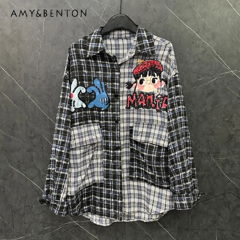 

Beautiful New Sweet Cartoon Braided Little Girl Plaid Long Sleeves Shirt Women's Loose Casual Cute Mid-Length Top Blouse Female