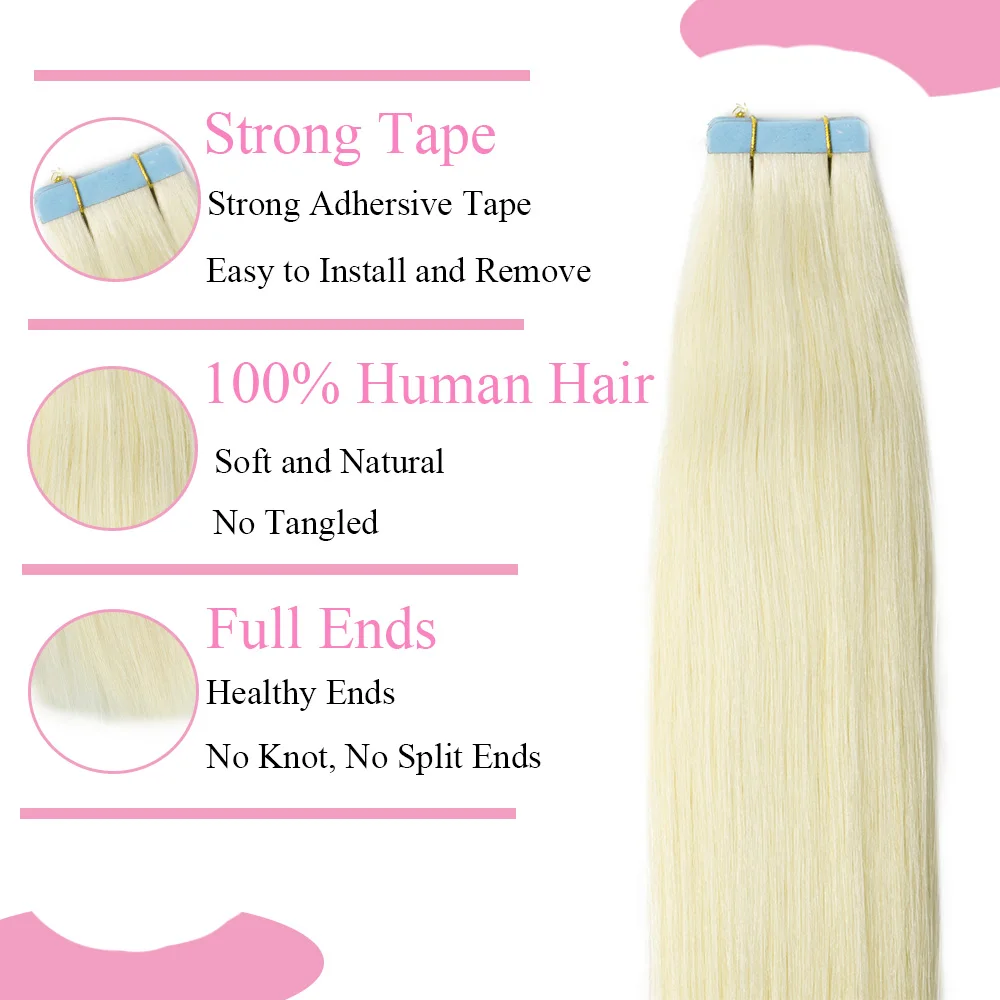 Ruban adhésif blond sans couture pour extensions de cheveux humains, bande de trame PU, cheveux humains, machine droite naturelle, Remy, 12 "-24"