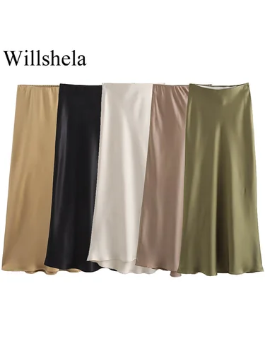Imagen 1 del producto Willshela, falda Midi plisada lisa de satén a la moda para mujer, faldas elegantes Vintage con cintura media elástica para mujer
