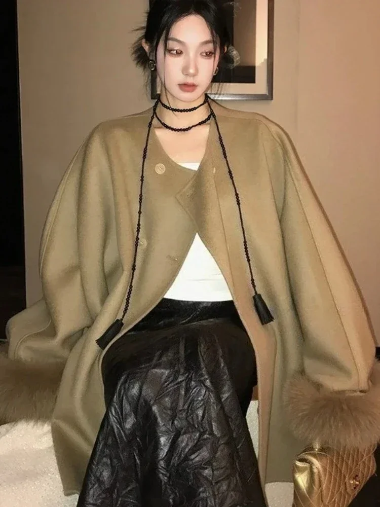 Autumn Winter New Clothes Women Mid-length O-neck Real Fox Fur Cuff Wool Jacket Female Loose Warm Cashmere Woolen Coat