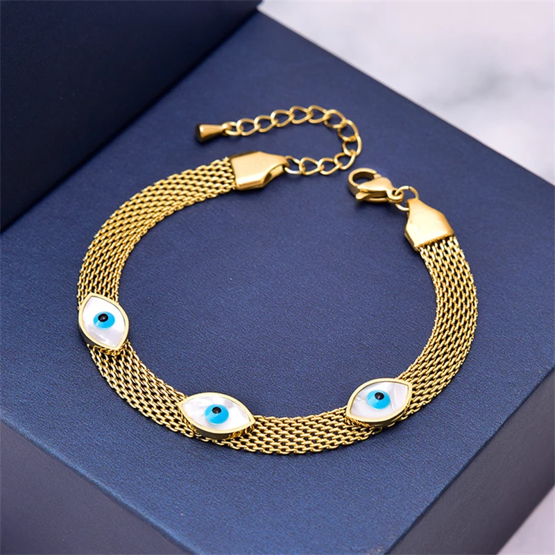 316L Stainless Steel New Fashion Fine Jewelry Minimalism Welding Green Paint Shell Eyes Charm Mesh Chain Bracelets For Women