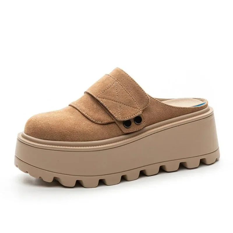 

7CM Genuine Leather Platform Shoes Wedge Slippers Chain Women 2025 Summer Shoes Genuine Leather Mules Sandals Slides For Women