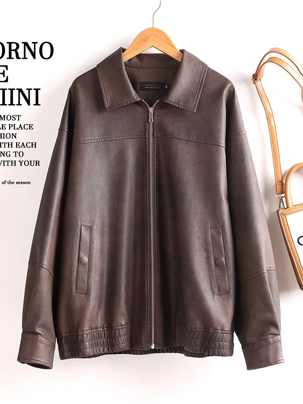 

2025 Autumn New Style Women's Short Loose Retro Leather Jacket Motorcycle Coat Sheepskin Casual Fashion Outerwear