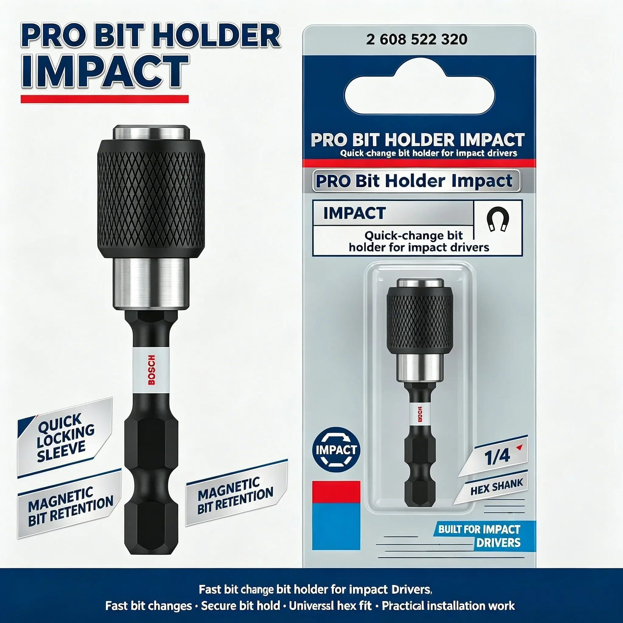 BOSCH 2608522320 PRO Bits Holder Quick Change For Impact Screwdrivers 60 mm 1/4