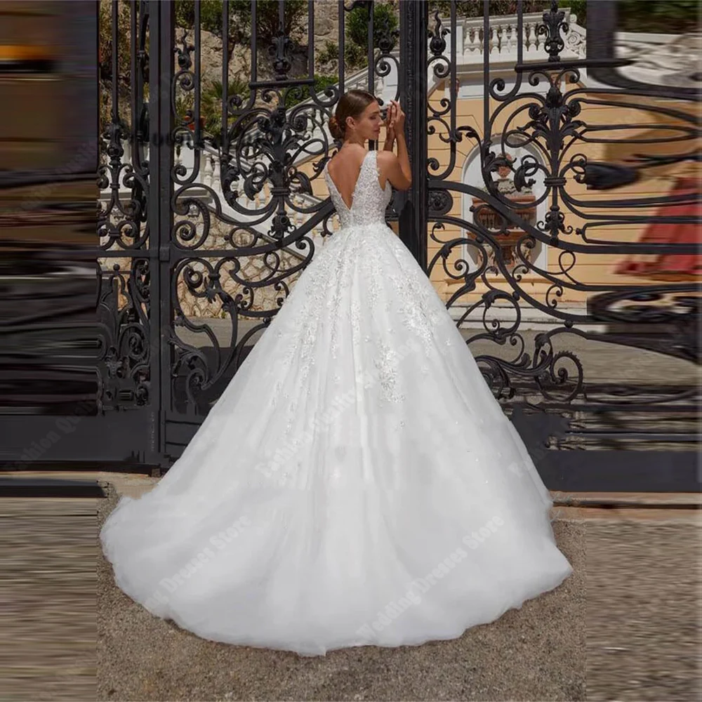 2024 Elegant Sexy V-Neck Wedding Dresses Princess A-Line Shining Tulle Bride Robes Beach Party Fluffy Skirt Hem Vestido De Novia