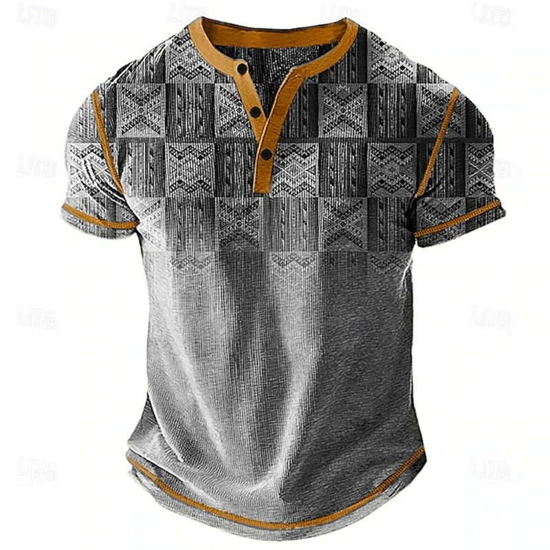 2026 Summer Men's New V-Neck Shirt 3D Checkered Print Retro Street Style Button-Up Short-Sleeve T-Shirt Outdoor Polo Shirt