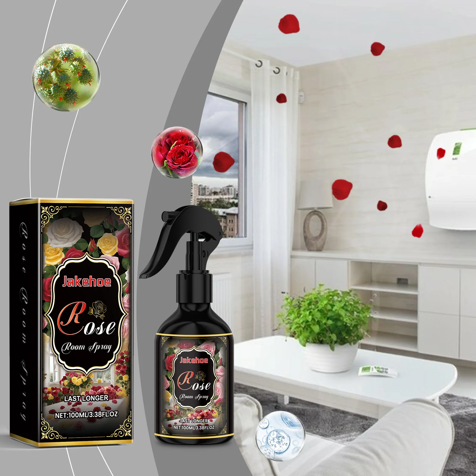 JAKEHOE Spray Aromatizante para Habitaciones con Aroma a Rosas, Ambientador de Larga Duración, Desodorante Natural en Aerosol para Eliminar Olores en Interiores del Hogar