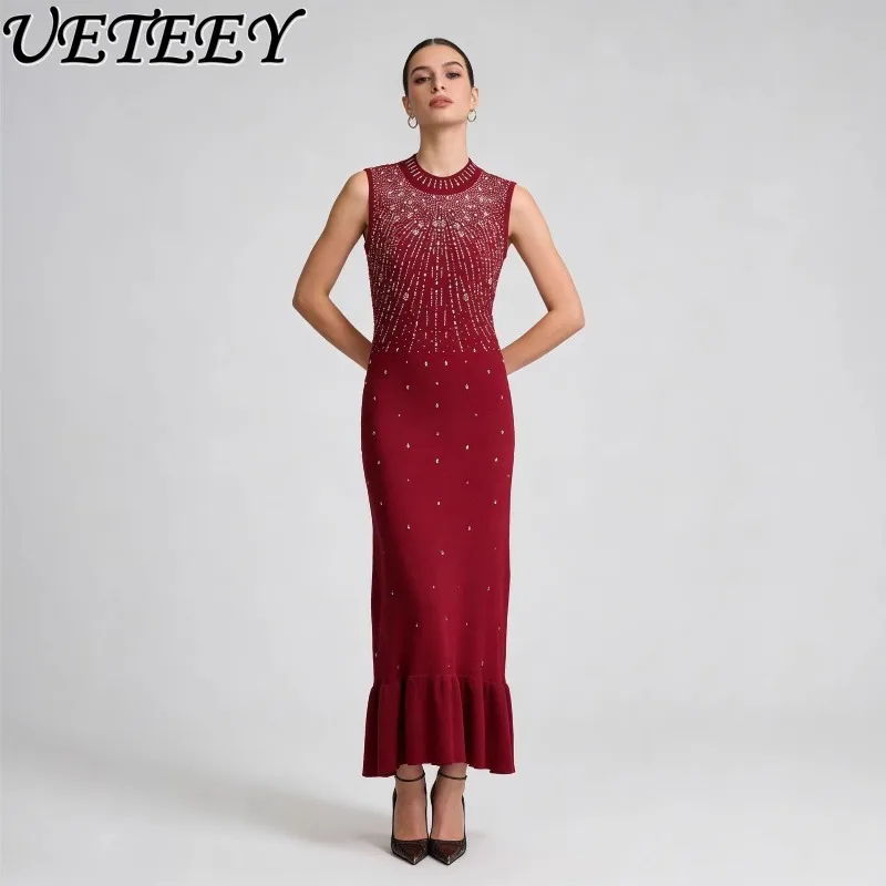 

2026 Spring New High-End Rhinestone Sleeveless Long Dress with Patchwork Waist Slimming Round Neck Solid Color Women's Dress