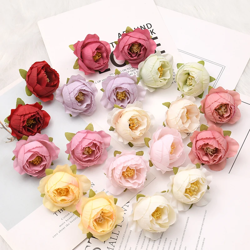 50PCS 3-4cm Rose Buds Artificial Silk Flower Heads Wedding Decoration DIY Birthday Party Wreath Scrapbooking Craft Fake Flowers