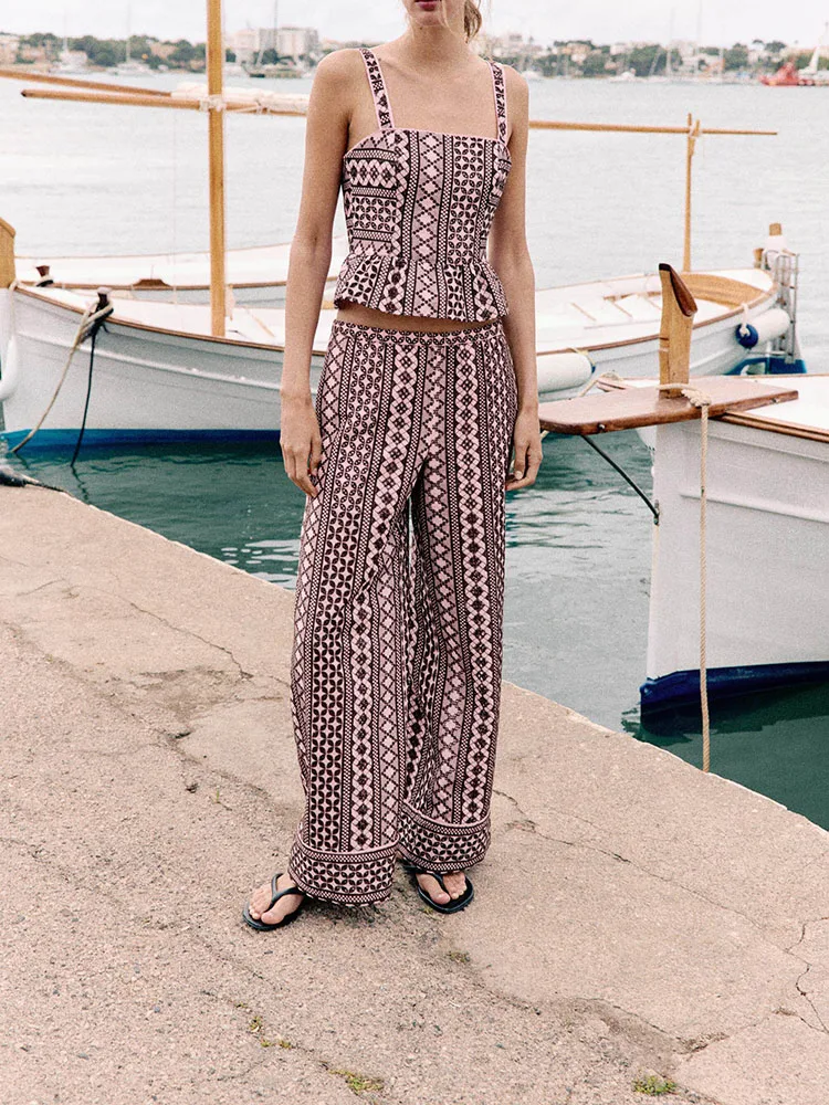 Women's Summer New Strap Top Elastic Wide Leg Pants Slim Fit Short Sleeveless Chinese Style Clothing Tunic Top