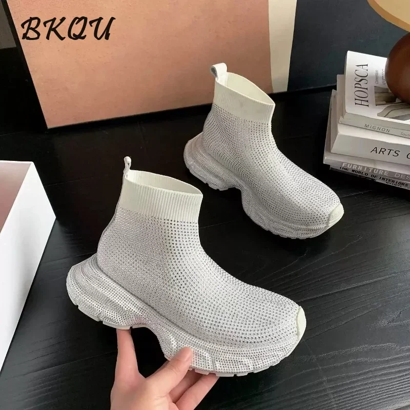 

BKQU Full of Drill Step on A Sense of Elastic Socks Shoes 2024 Autumn Breathable Stick Drill Socks Boots High Top Casual Shoes